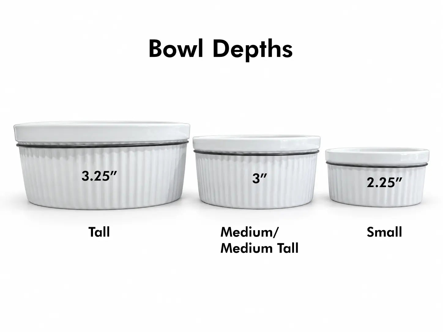 Bowl depths: Tall is 3.25 inches. Medium and Medium Tall are 3 inches. Small is 2.25 inches.