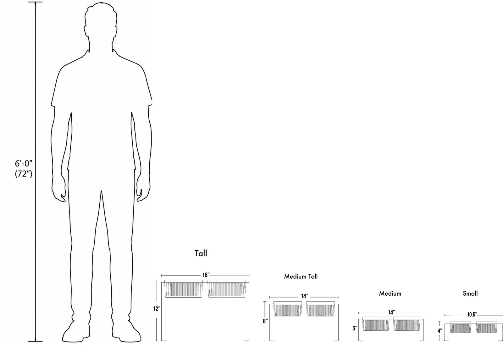 Drama Feeder size comparison next to a 6 foot tall man, showing Small, Medium, Medium Tall, and Tall dimensions